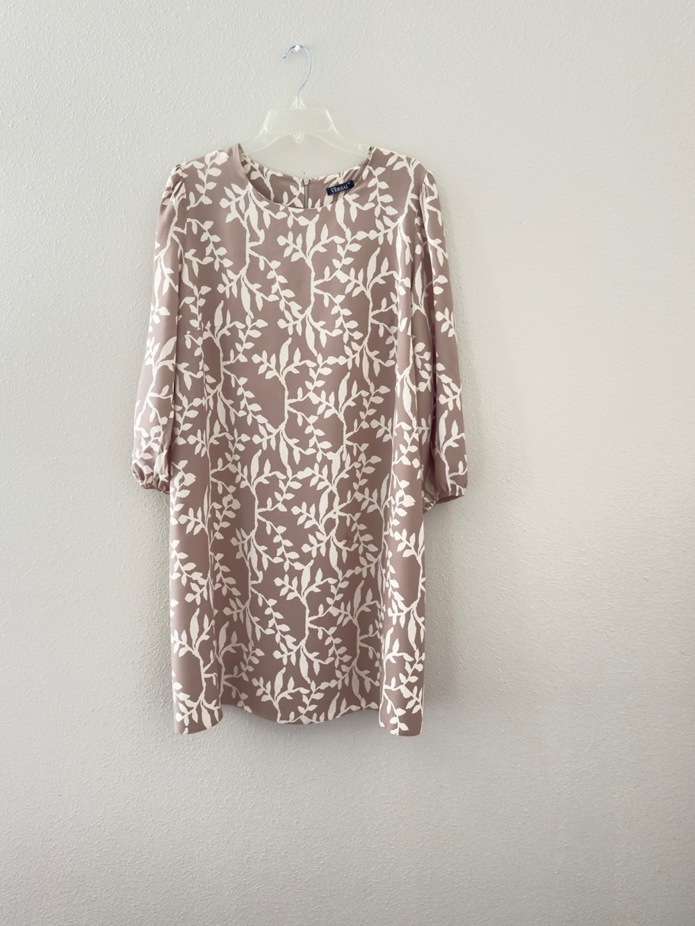 Women's Midi Dress in Taupe with White Leaf Print
